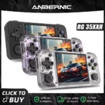 Alt text: Pocket-sized Anbernic RG35XX H handheld console with 3.5-inch IPS display showing vibrant retro game graphics. Sleek design powered by 64-bit processor and 3300 mAh battery, emphasizing portable retro gaming vibes.