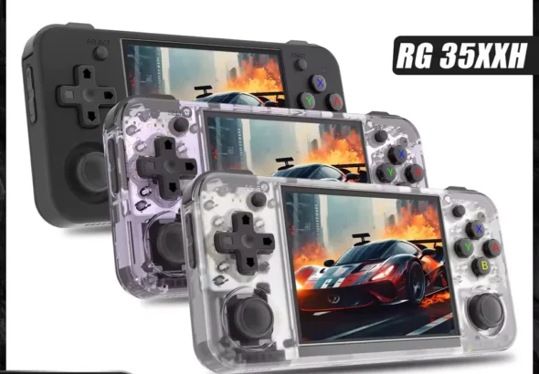 Alt text: Pocket-sized Anbernic RG35XX H handheld console with 3.5-inch IPS display showing vibrant retro game graphics. Sleek design powered by 64-bit processor and 3300 mAh battery, emphasizing portable retro gaming vibes.