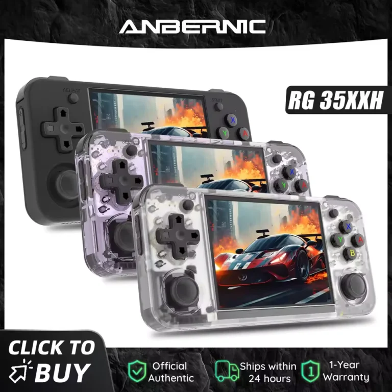 Alt text: Pocket-sized Anbernic RG35XX H handheld console with 3.5-inch IPS display showing vibrant retro game graphics. Sleek design powered by 64-bit processor and 3300 mAh battery, emphasizing portable retro gaming vibes.